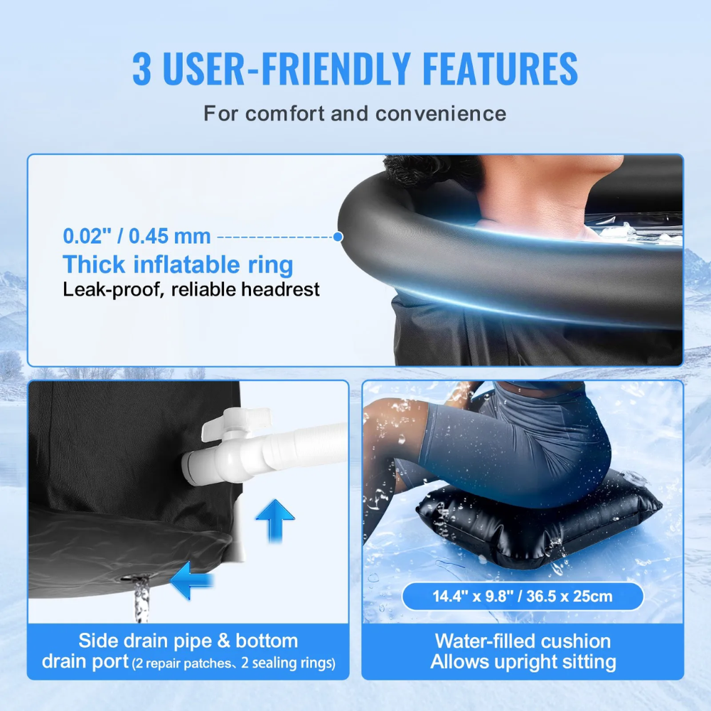 Inflatable headrest with user-friendly features highlighted on a blue background