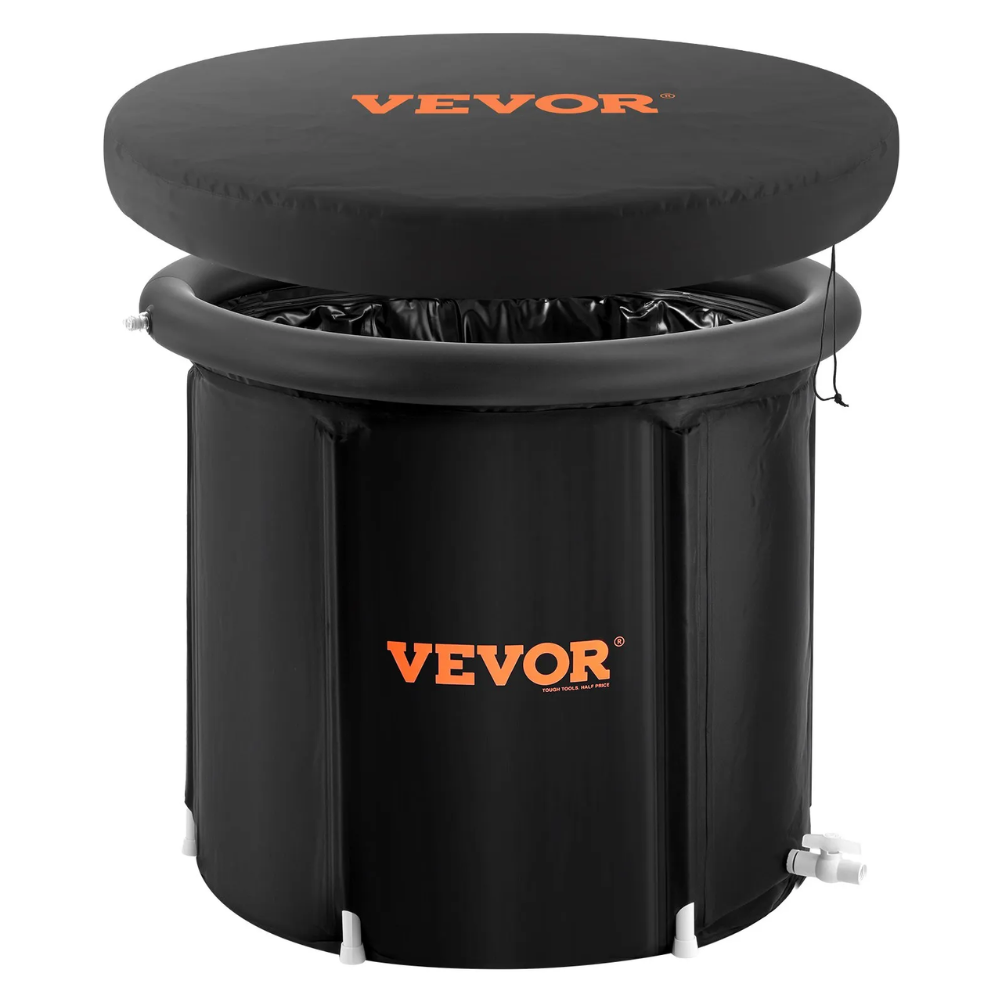 Black VEVOR collapsible outdoor trash can with a matching round lid cover, shown on a plain white background.