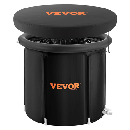 Black VEVOR collapsible outdoor trash can with a matching round lid cover, shown on a plain white background.