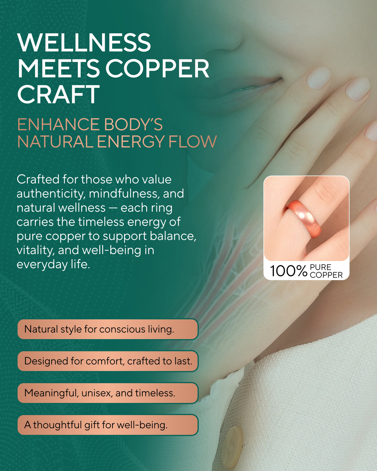 Wellness information for copper rings with text about wellness and natural energy flow. Blu onyx