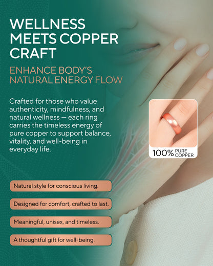 Wellness information for copper rings with text about wellness and natural energy flow. Blu onyx