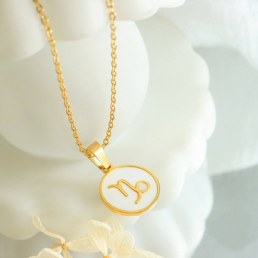 Gold Capricorn zodiac necklace, mother of pearl pendant 