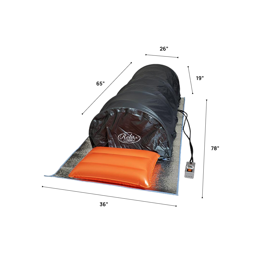 Relax Flex Lie Down Sauna with dimensions labeled on a white background