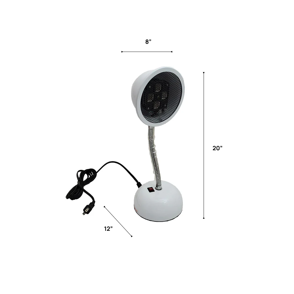 Relax Far Infrared Goose Neck Therapy Lamp with adjustable flexible neck, white tabletop base, and targeted infrared heat design for wellness and recovery and measurements on a white background
