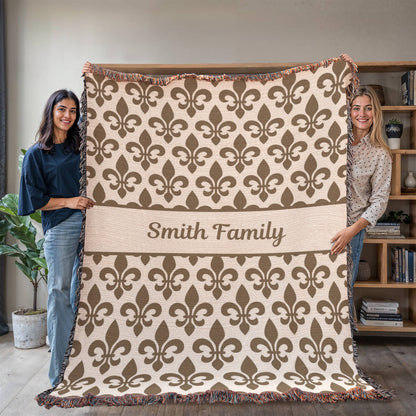 Fleur-de-lis Personalized Family Name Woven Blanket
