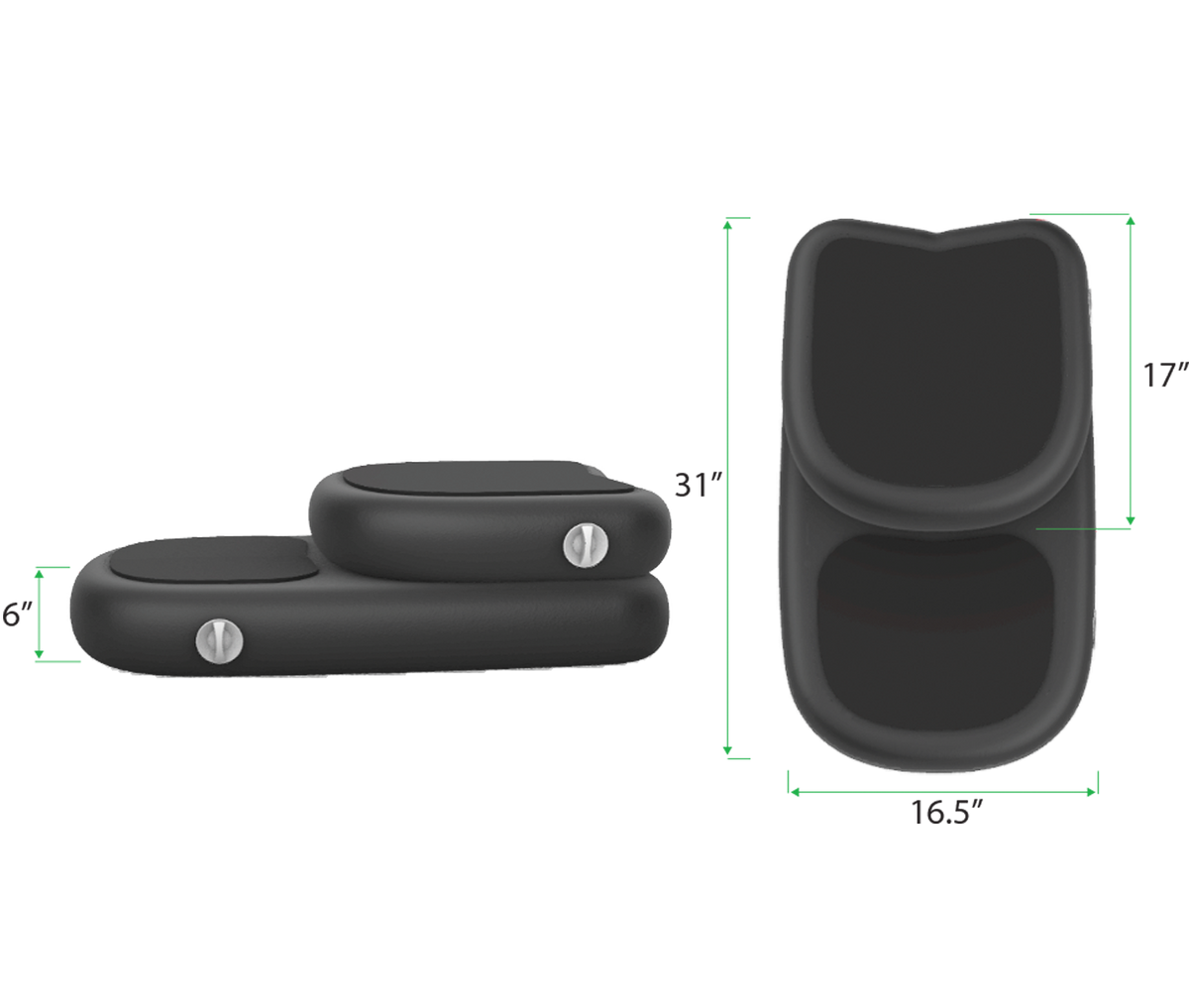 Black inflatable seat with dimensions on a white background