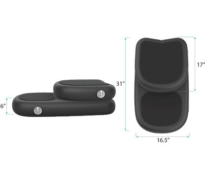 Black inflatable seat with dimensions on a white background
