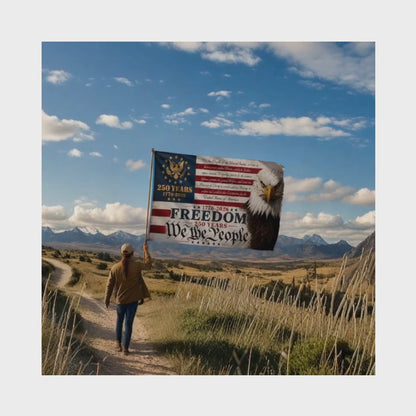 America's 250th "Freedom" and "We the People" flag with eagle design displayed outdoors in video clip