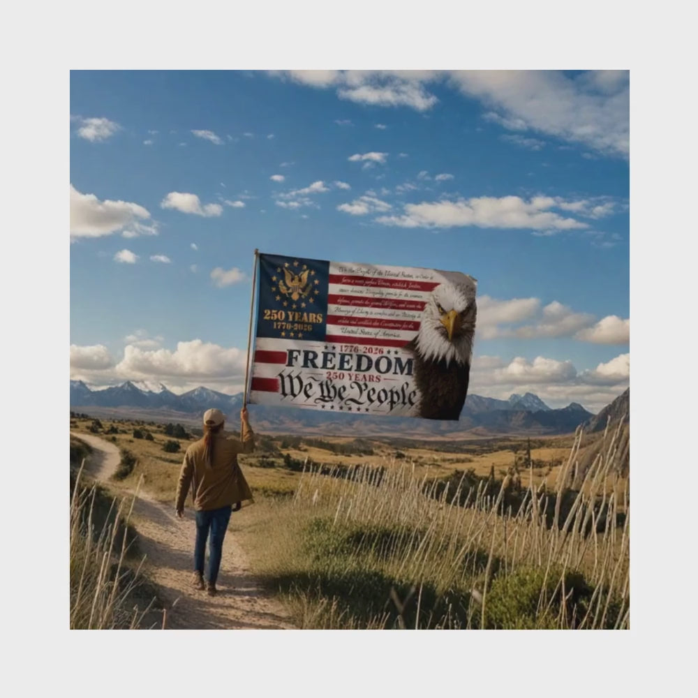 America's 250th "Freedom" and "We the People" flag with eagle design displayed outdoors in video clip
