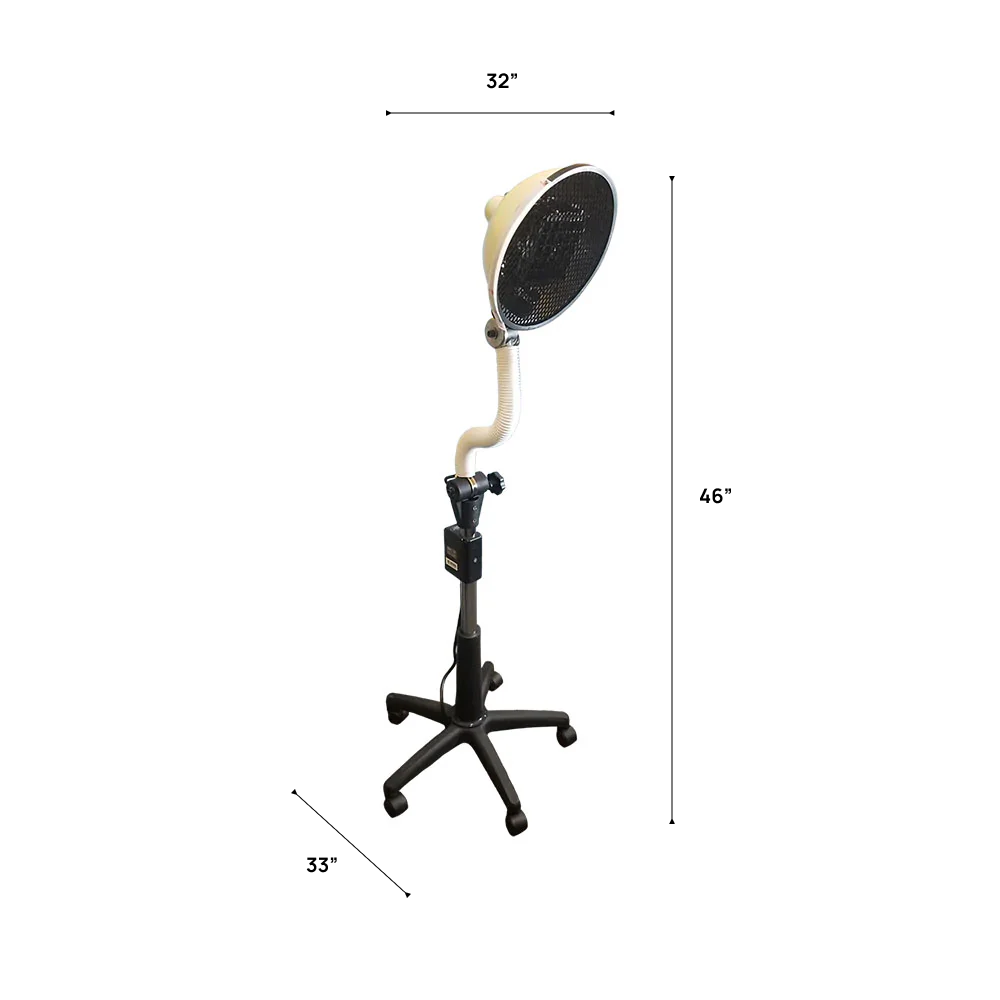 Relax Sky Eye Pro far infrared therapy lamp with adjustable flexible arm, rolling base stand, and targeted infrared heat technology for wellness and recovery. Measurement chart of a shower head on a stand with dimensions labeled.