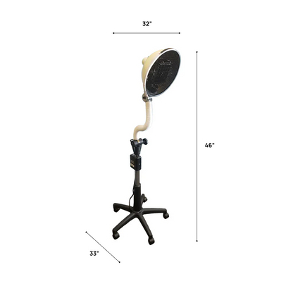 Relax Sky Eye Pro far infrared therapy lamp with adjustable flexible arm, rolling base stand, and targeted infrared heat technology for wellness and recovery. Measurement chart of a shower head on a stand with dimensions labeled.